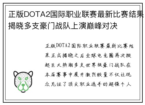 正版DOTA2国际职业联赛最新比赛结果揭晓多支豪门战队上演巅峰对决